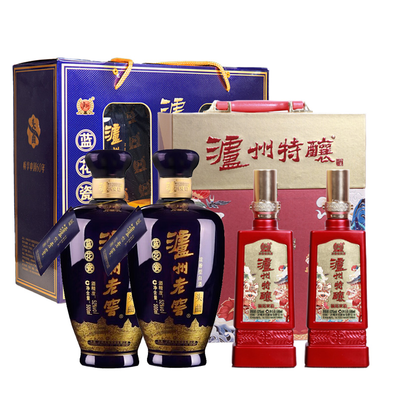 泸州老窖52度浓香型白酒特酿福运双禧蓝花瓷头曲礼盒装升级版组合装500ml*4瓶高清大图