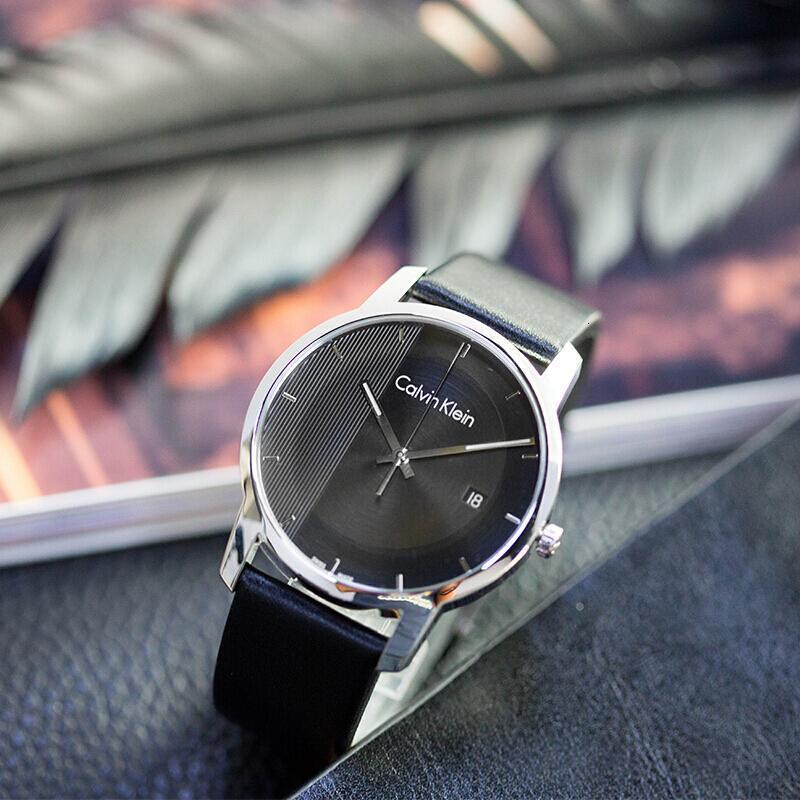 卡尔文克莱恩calvinklein手表city系列简约黑色表盘石英表男士钢带