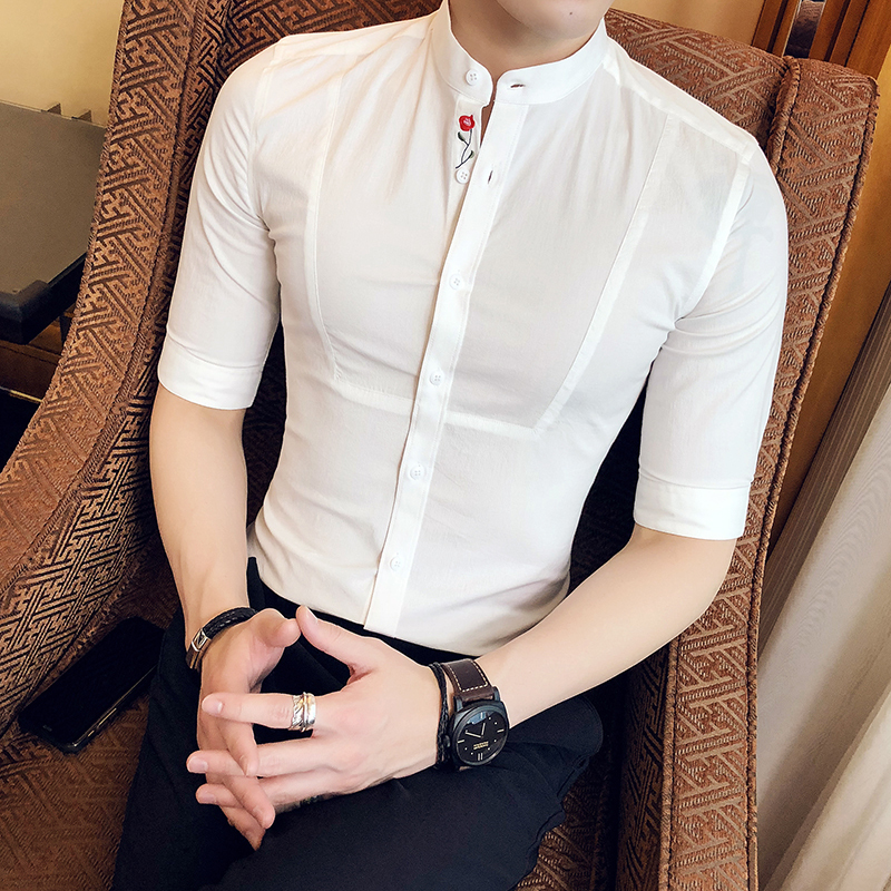 夏季男士休闲立领型师五分袖衬衣男韩版修身纯色中袖衬衫男短袖