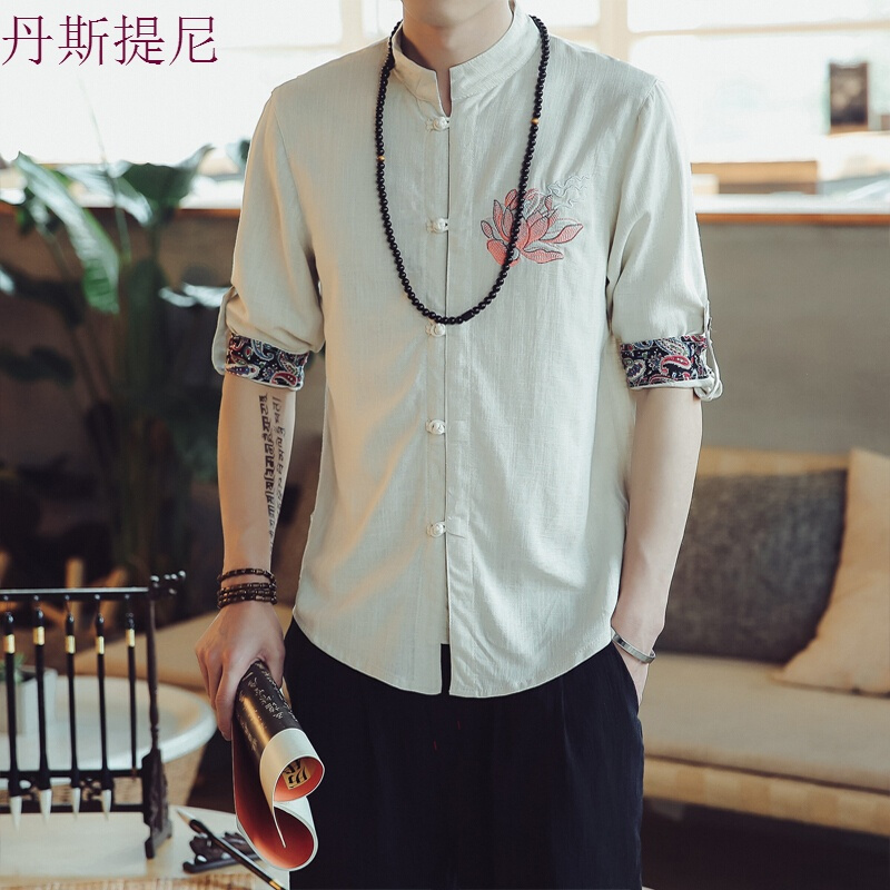 中国风男装唐装亚麻中式盘扣七分袖衬衫刺绣衬衫立领民族复古大码