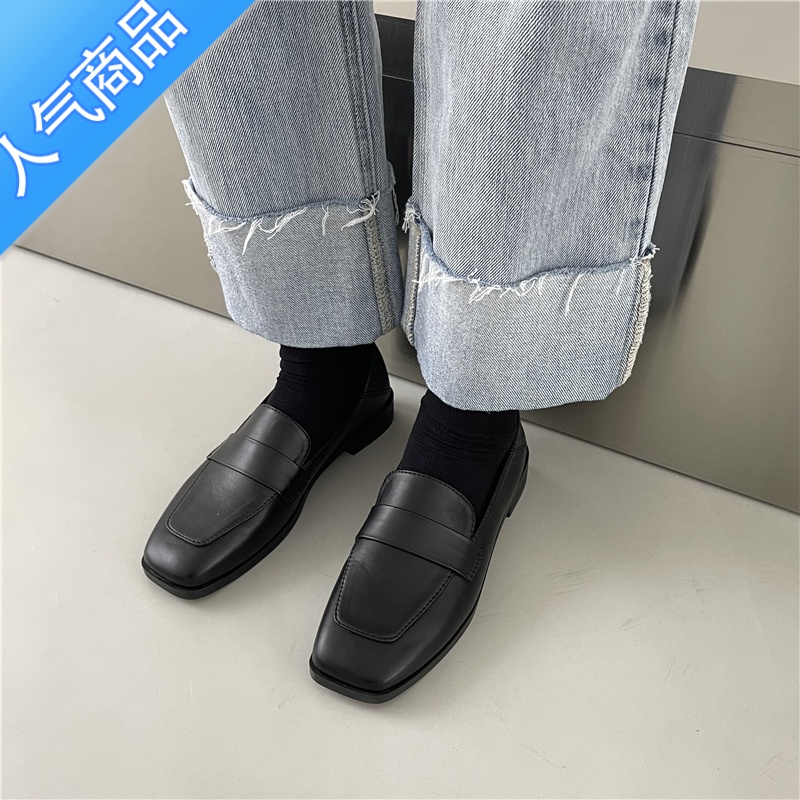 SUNTEK英伦方头百搭软皮平底小皮鞋女春秋2023新款一脚蹬乐福鞋加绒瓢鞋高清大图