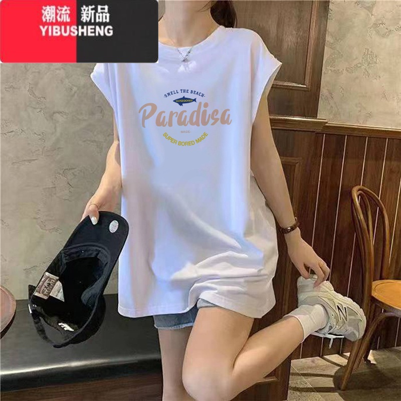 YIBUSHENG设计感白色小飞袖上衣潮中长款宽松休闲无袖t恤女生2024季新款高清大图