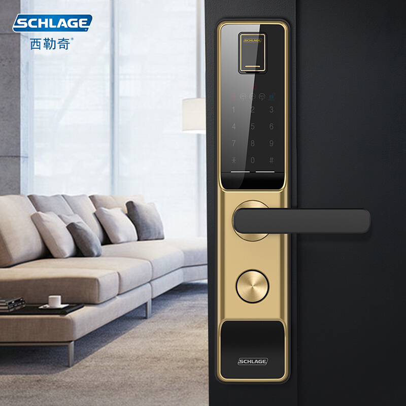 西勒奇(SCHLAGE)指纹锁Q6入户防盗门锁C级智能锁家用电子锁门禁卡APP操控密码锁 Q6301晨星金色