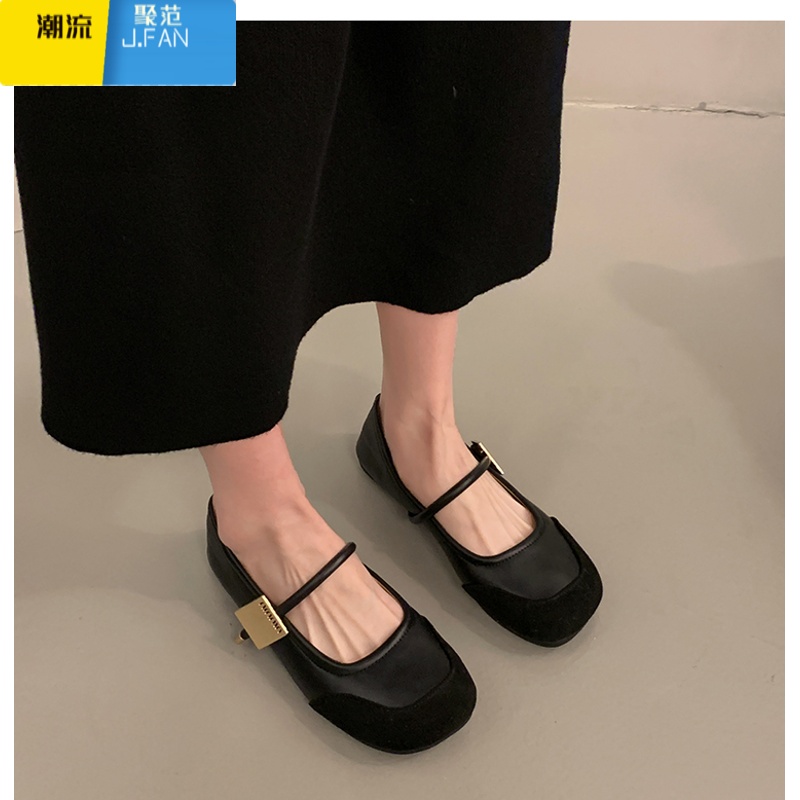 聚范法式玛丽珍鞋女鞋2024新款软底防滑软面一字带浅口单鞋配裙子 黑色 37