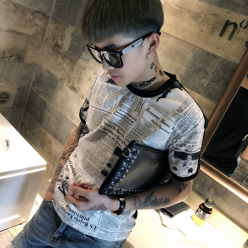 男士T恤短袖型师服装报纸衣服个性潮流提恤夜场韩版男模体桖血