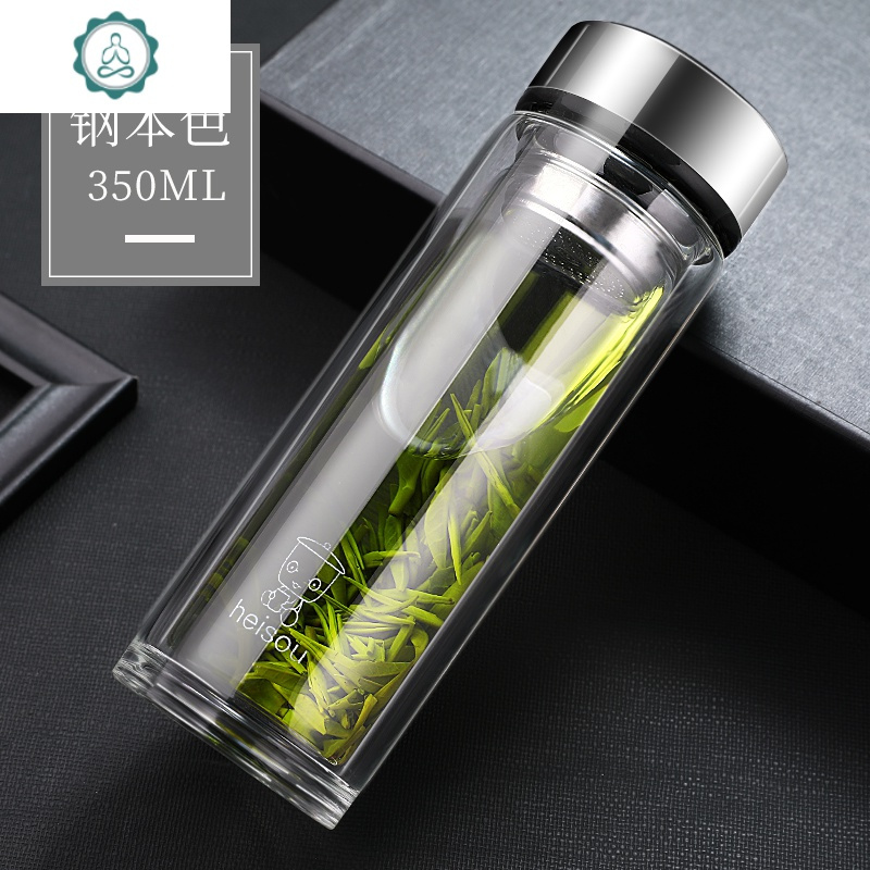 封后 博雅黑色c款350ml视频介绍_玻璃杯子双层耐热创意随手泡茶过滤