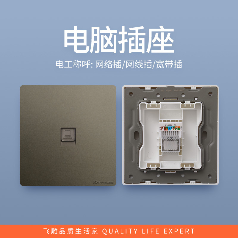 飞雕(FEIDIAO)开关插座暗装86型家用墙壁开关插座 大阪钢支架 雕琢优雅灰系列 雕琢灰电脑插