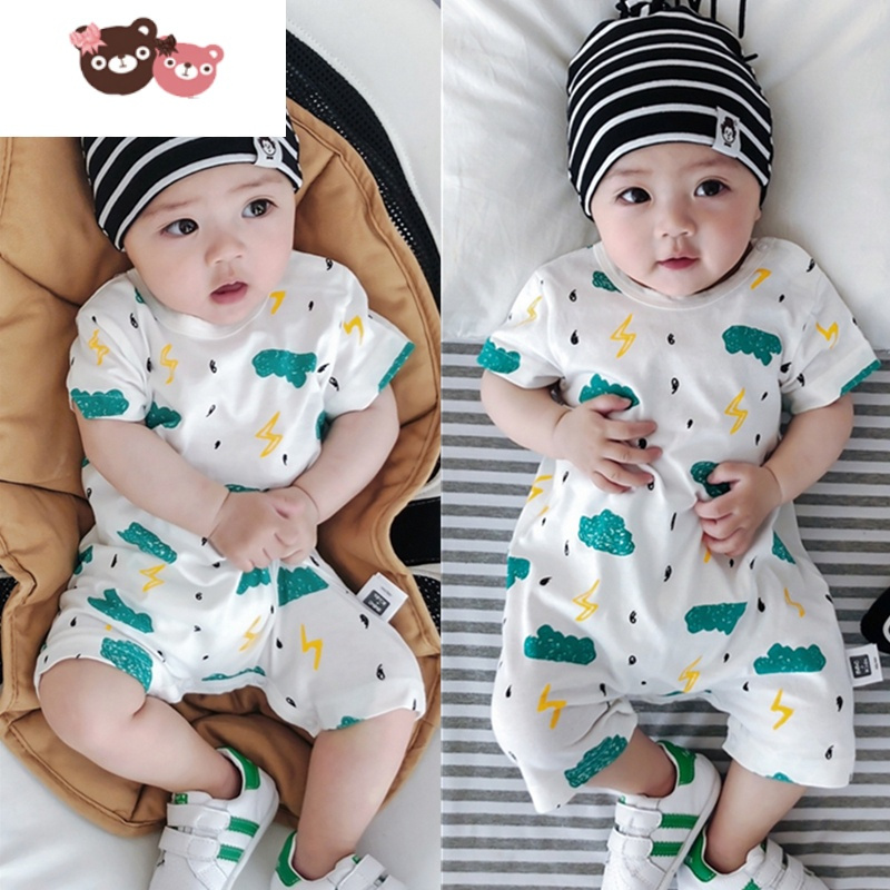绿彩虹光夏款新生婴儿连体哈衣短袖男女宝宝爬服衫婴童连身衣3-6-9月