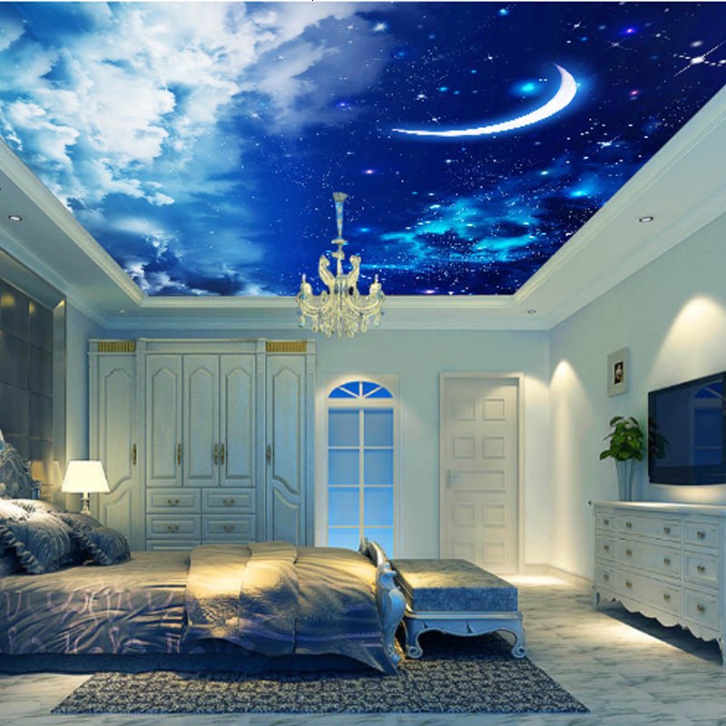 洛蔓客厅沙发卧室电视背景墙壁画定制无缝整张环保吊顶天花板星空月亮
