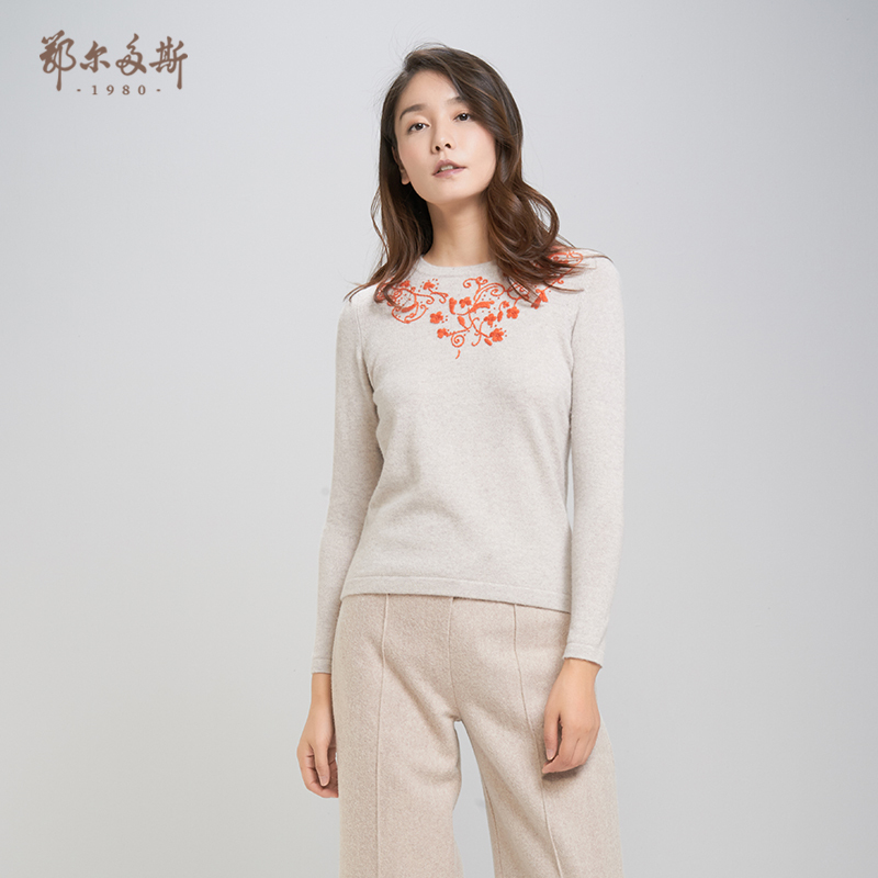 鄂尔多斯ERDOS 纯羊绒圆领装饰厚款女式羊绒衫