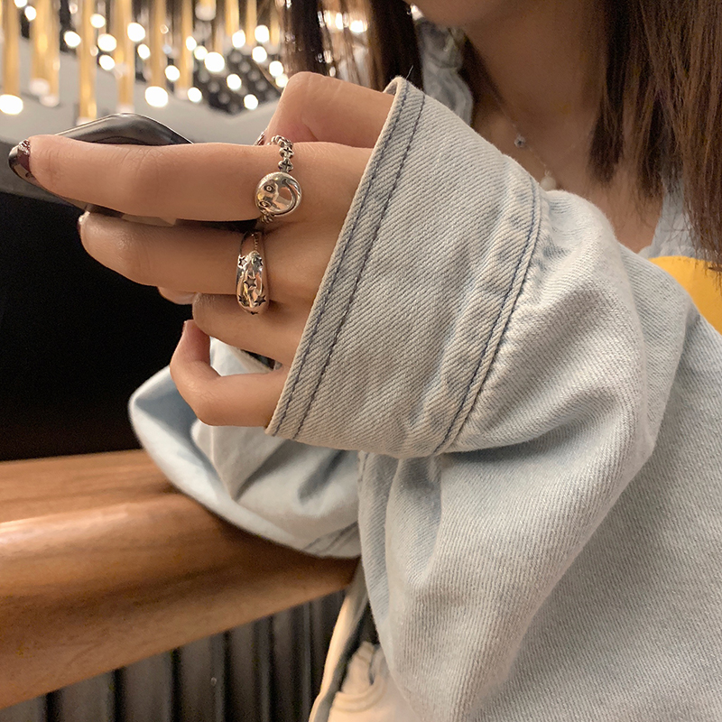 S925纯银戒指复古笑脸星星可调节女ins潮个性时尚简约开口食指环