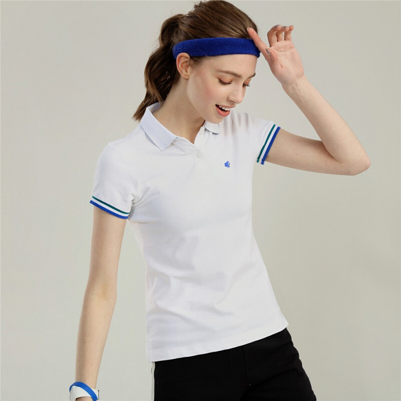 运动polo衫女装弹力棉青蛙刺绣t恤撞色短袖07薄纱粉红色