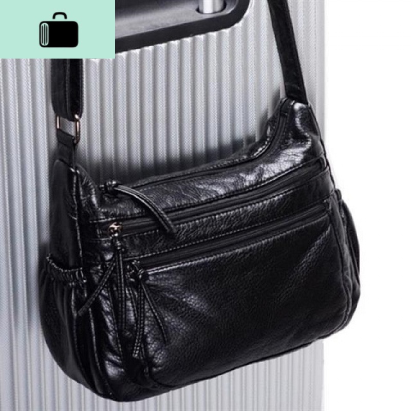 水洗皮女包韩版2019新款软皮小方包女斜挎包中年单肩包妈妈包NEW LAKE 黑色女士单肩包