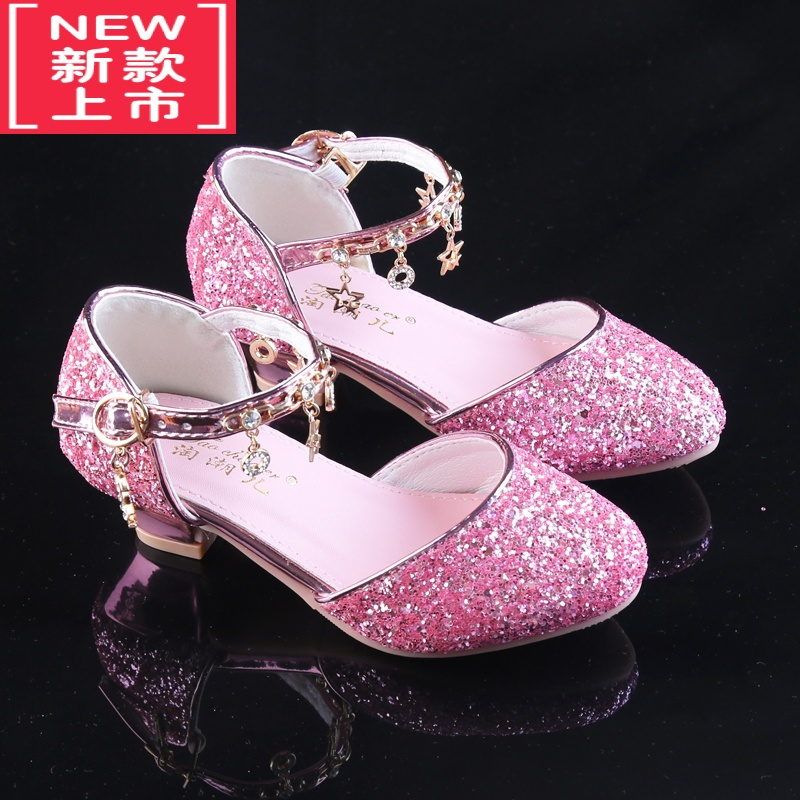 可莉允女童高跟皮鞋小公主演出鞋银色儿童搭配礼服中大童走秀舞台水晶鞋运动休闲鞋