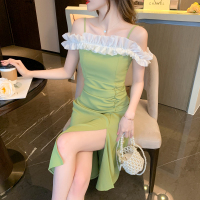 权小威 法式吊带露肩连衣裙女夏装2022年新款气质显瘦高级感仙女开叉长裙