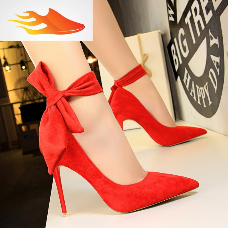 fish basket红色高跟鞋女鞋细跟百搭绑带个性感韩版尖头单鞋气质优雅