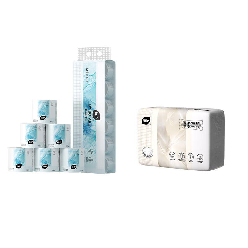 植护气垫有芯卫生纸(碎冰蓝系列)125g12卷*1提+植护韧享纸巾(羽韧系列)136*180/4层80抽*6包