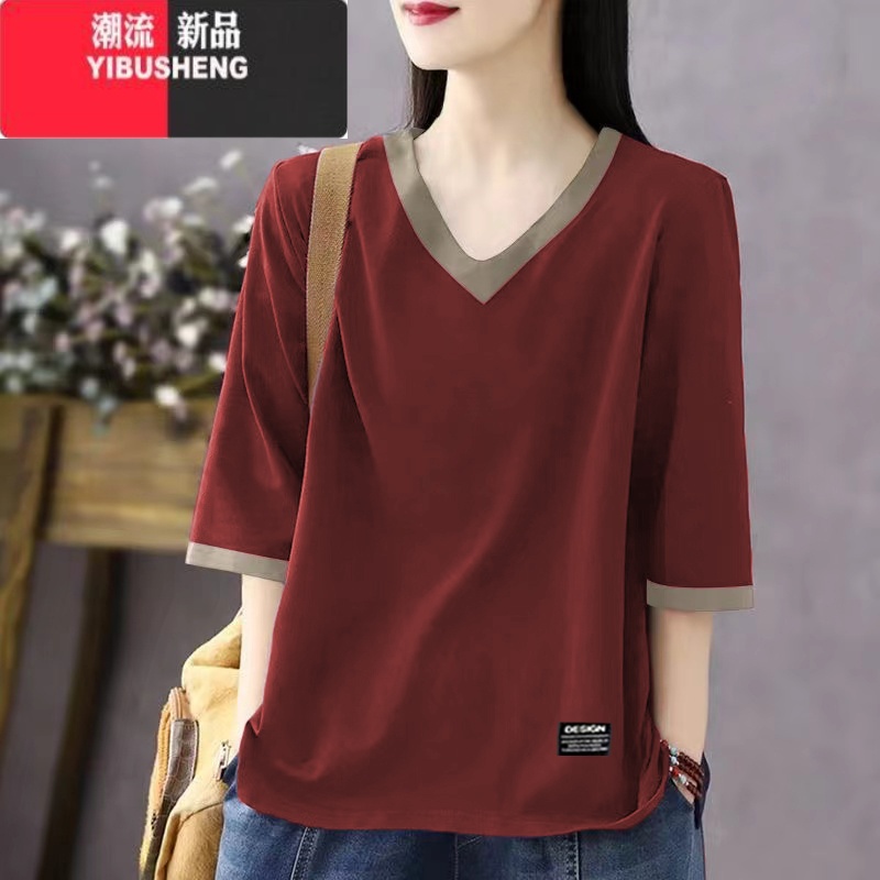 YIBUSHENG时尚拼色V领短袖T恤女季大码胖mm宽松遮肚显瘦百搭中袖上衣高清大图