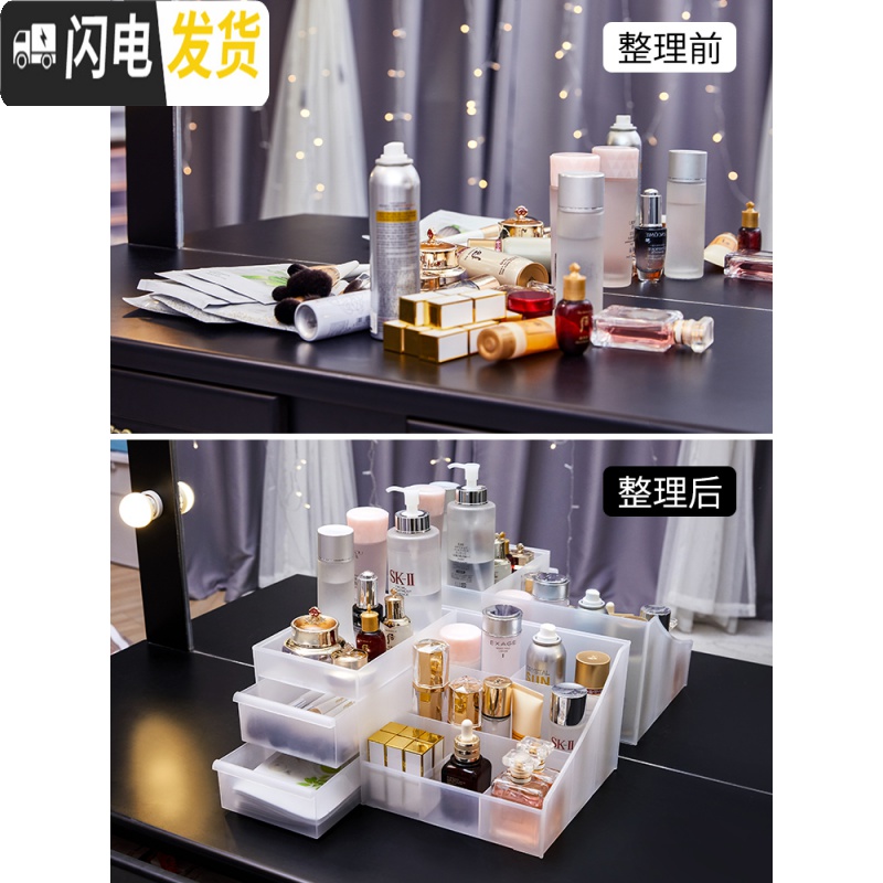 三维工匠透明化妆品收纳盒宿舍桌面口红整理盒简约梳妆台护肤品抽屉置物架高清大图