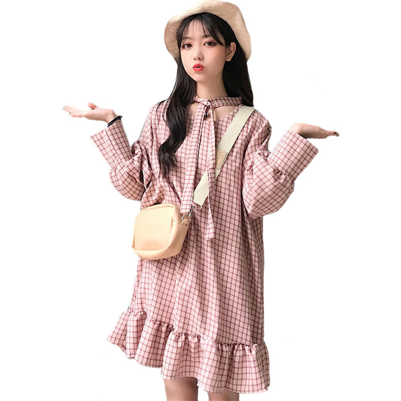 春秋女装韩版宽松显瘦格子绑带灯笼袖中长款长袖连衣裙打底裙长裙