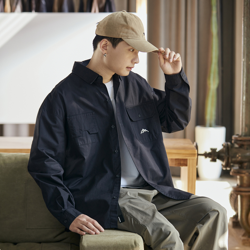 唐狮春季新款日系工装衬衫男长袖休闲复古重磅质感衬衣外套潮