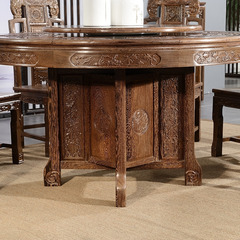 红木餐桌非洲鸡翅木古达圆桌实木中式家具餐厅饭桌带转盘家用大圆台