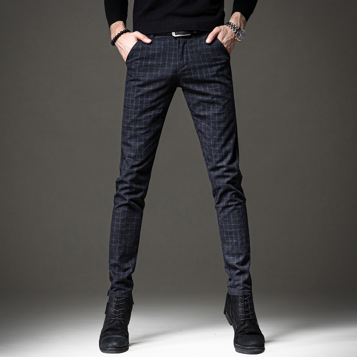 yuansu贵色秋季新款格子休闲裤男裤子韩版潮流修身小脚弹力上班商务