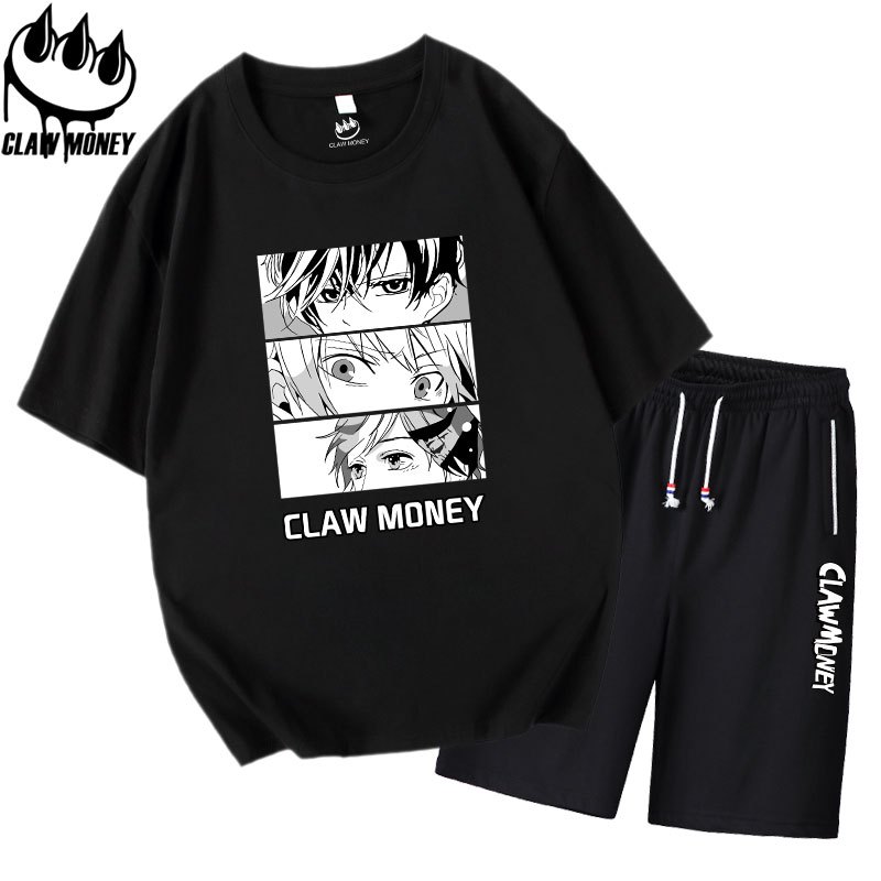 Claw money短袖T恤套装男ins动漫体恤全套休闲短裤宽松大码五分裤