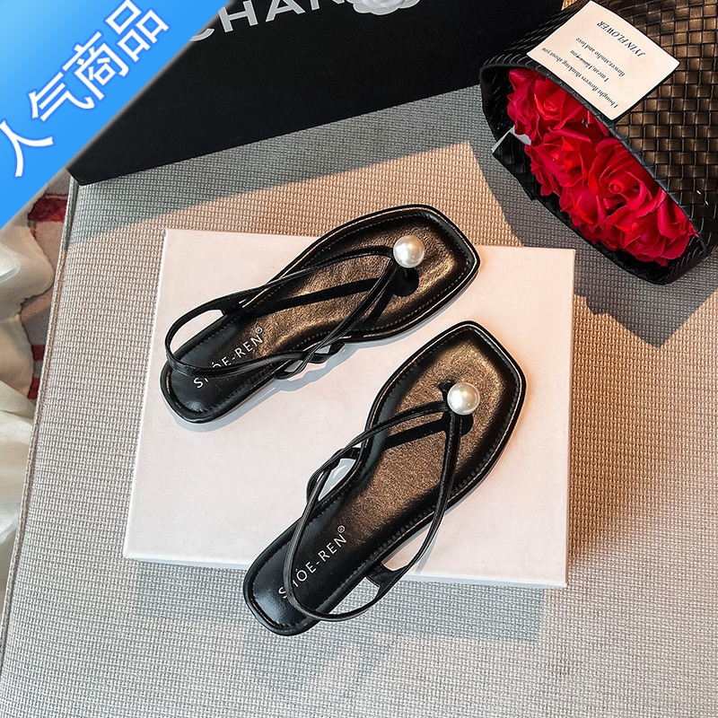 SUNTEK法式晚风平底罗马凉鞋女夏平底夏天女士一字带夹趾配裙子沙滩鞋子