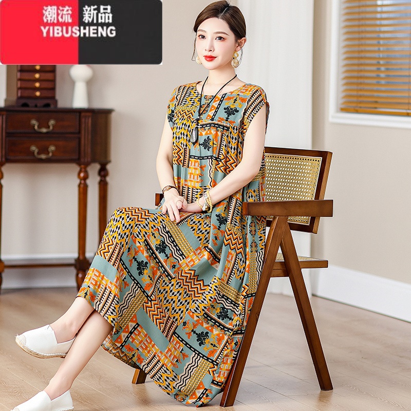 YIBUSHENG中老年棉绸连衣裙女高端加肥加大码女装2024新款妈妈大摆长裙子高清大图