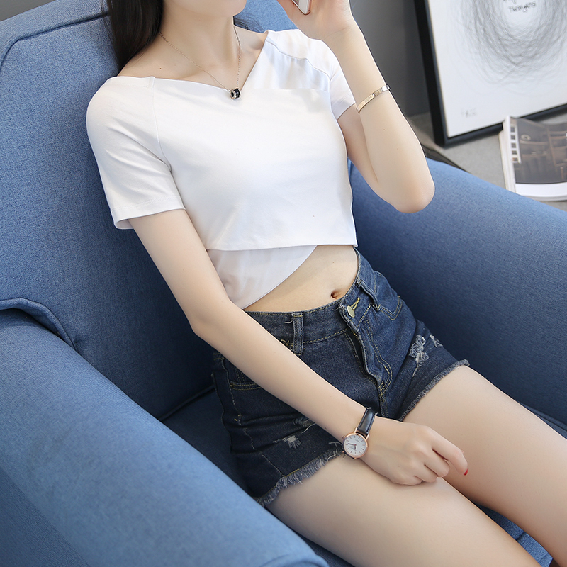 V领爵士舞T恤女短袖高腰露脐小心机上衣性感不规则交叉漏肚子短款