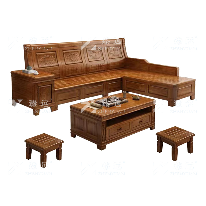 臻远 ZY4022937 香樟木实木沙发组合新中式冬夏两用沙发 四人位贵妃位含长茶几凳子高清大图