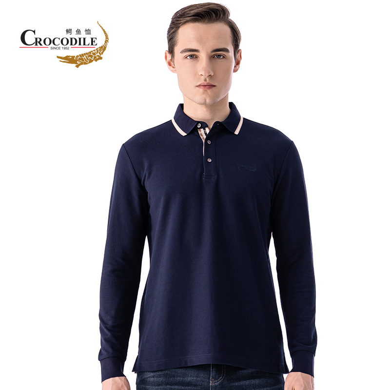 鳄鱼恤CROCODILE 秋季新品 男士商务休闲简约纯色长袖polo衫 顺丰发货 BA-53508 XL 055中蓝色
