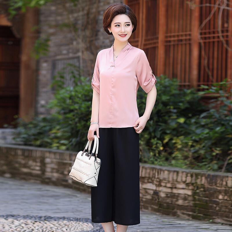 中年中老年夏装T恤女短袖两件套40-50岁妈妈半袖上衣套装2018
