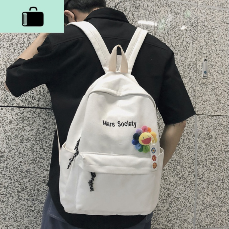 韩版潮牌双肩包男简约时尚潮流帆布森系高中学生书包女休闲背包包NEW LAKE 黑色小号[带小花]