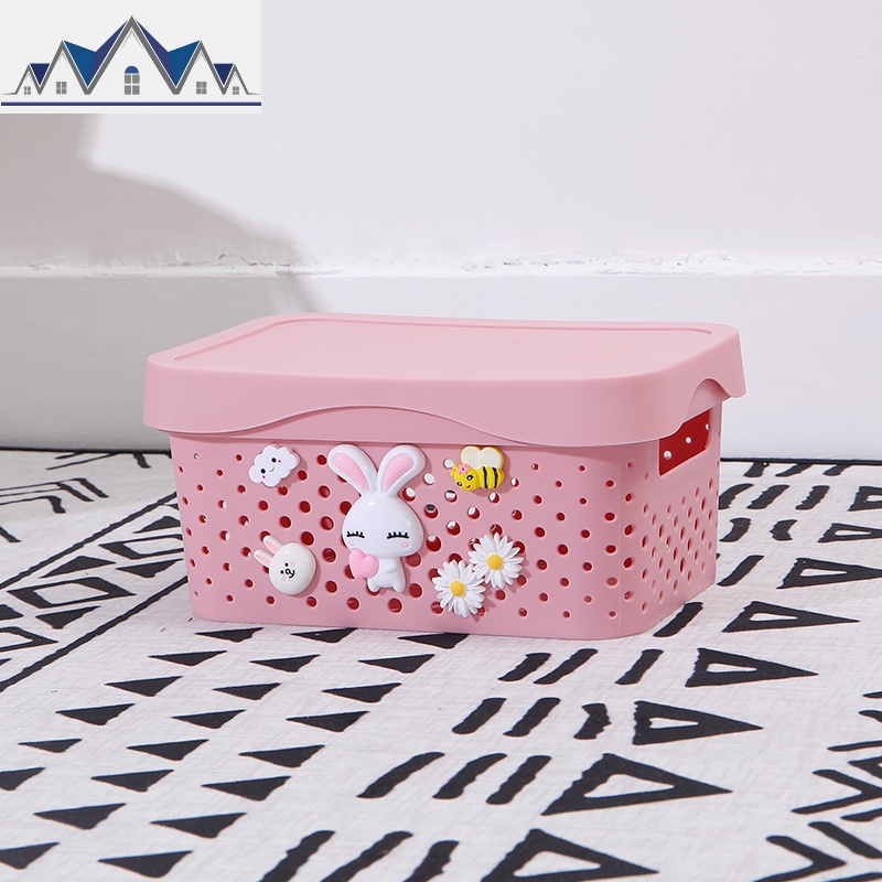 置物蓝卡通北欧儿童塑料收纳箱有盖镂空装书收纳筐杂物玩具收纳篮 三维工匠 粉色兔子款小号框