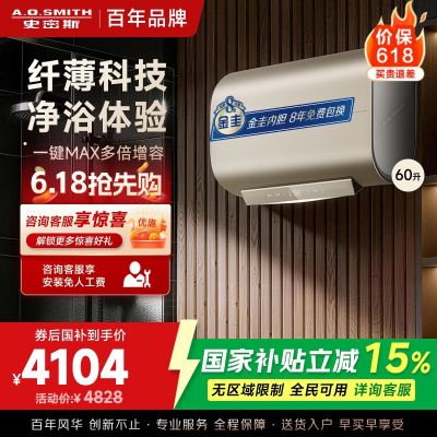 A.O.史密斯电热水器60升 超薄双胆扁桶储水式家用洗澡速热 智能控制HGE 3000W MAX增容 HGE