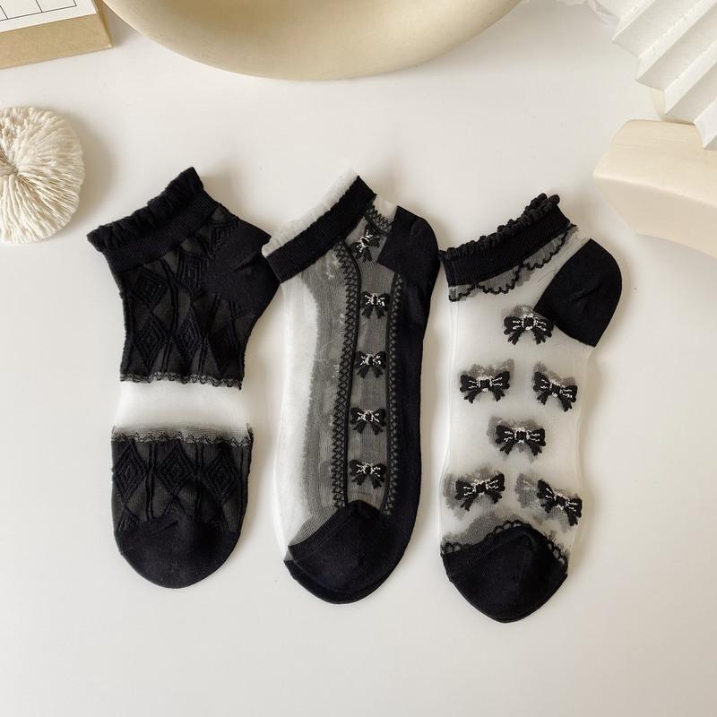 Ideamini薄款玻璃丝船袜浅口网纱蕾丝短袜ins潮网红黑色花边透明袜子女夏袜子