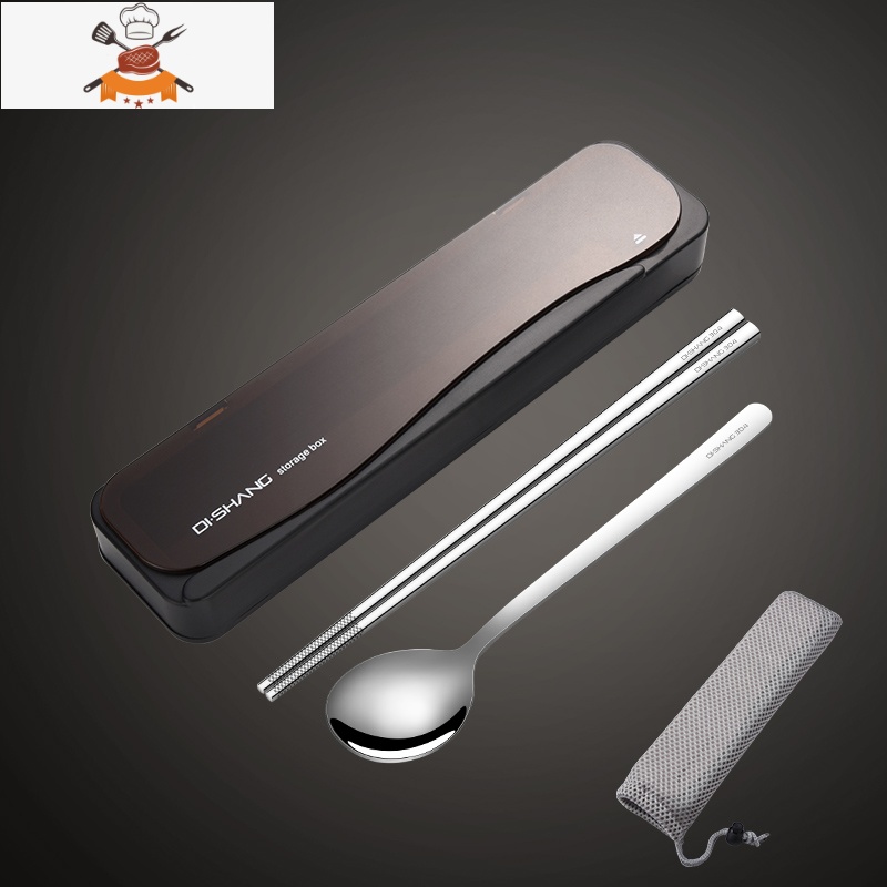 筷子勺子套装餐具盒便携学生单人装三件套不锈钢叉子外带收纳盒 经典黑-本钢色筷勺 敬平