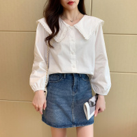 唐狮 春季衬衫女花边大娃娃领净色长袖衬衣可爱学院风时尚百搭