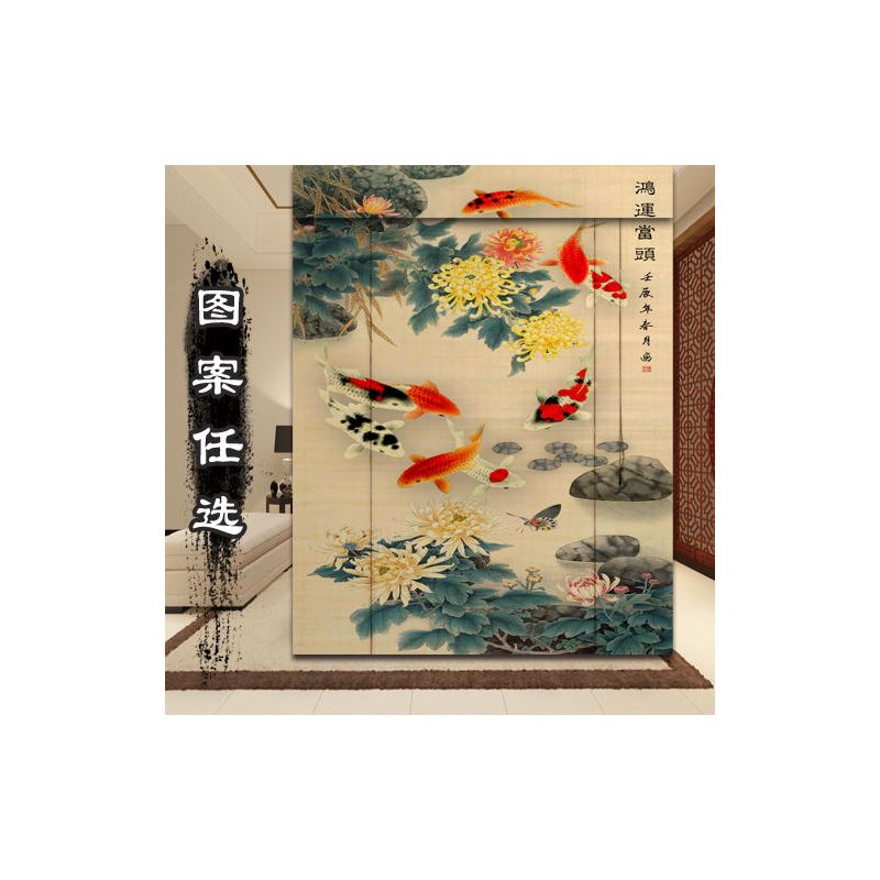 印花竹帘卷帘遮光升降竹子窗帘办公隔断门帘复古中式山水图案