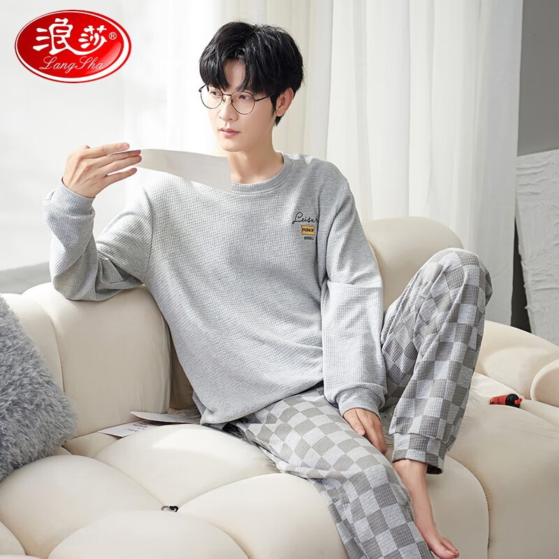 浪莎(LangSha)男士睡衣男春秋冬季圆领套头家居服套装宽松大码可外穿两件套 灰色格纹 L
