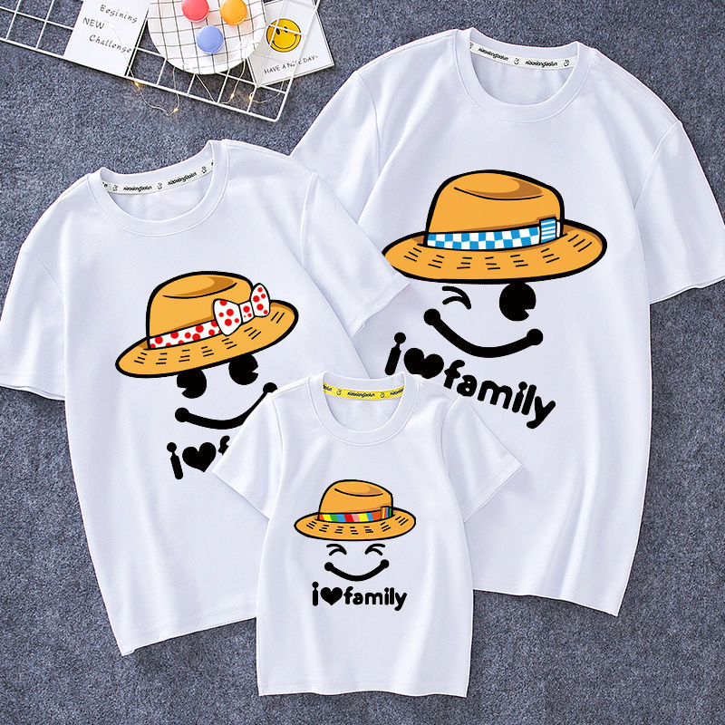 亲子装纯棉短袖t恤夏装21年新款全家装一家三口装笑脸亲子