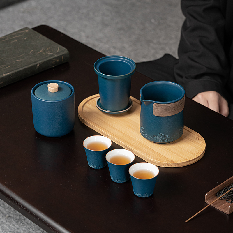 苏氏陶瓷(SUSHI CERAMICS)山水旅行茶具便捷功夫茶具套装陶瓷快客杯带便携旅行包(蓝)高清大图