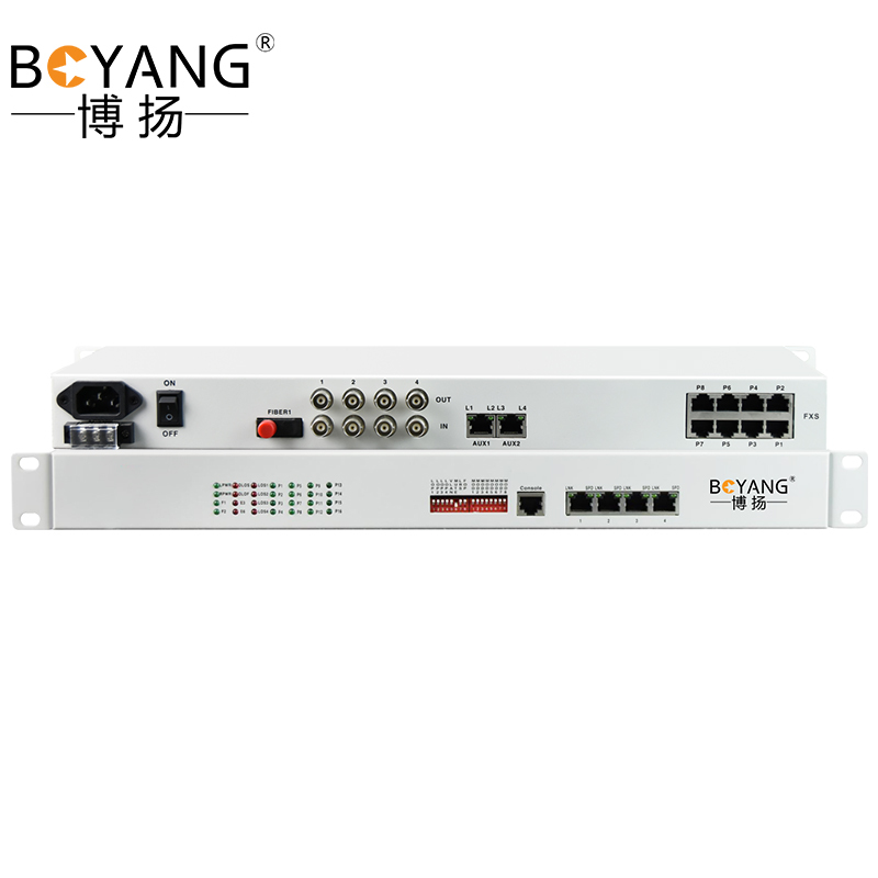 博扬 综合多业务光端机 4路E1+2路电话+4路百兆以太网物理隔离 单纤20km 机架式 BY-4E1-2P4EV