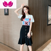 七斓新款名媛小香风时尚套装女洋气质短袖T恤鱼尾包臀半身裙套装 XXL 白色优质版两件套