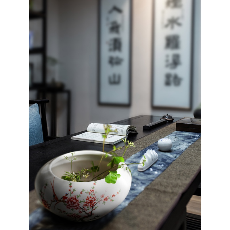 景德镇陶瓷器 手绘写意水浅金鱼缸盆养水仙荷花睡莲 家居摆件 三维工匠 中号鸳鸯戏水(不含底座)高清大图