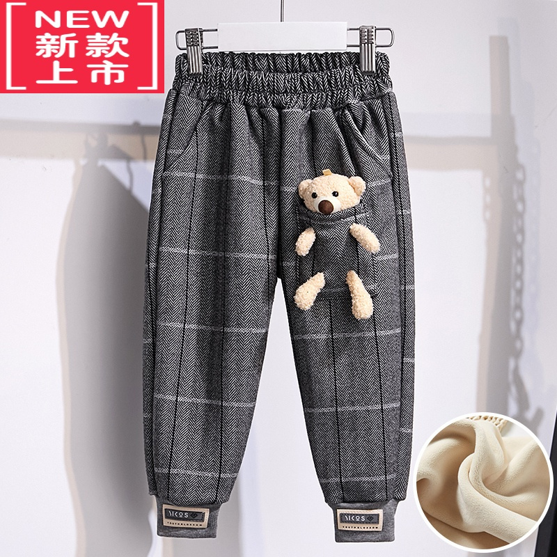 可莉允女童加厚休闲裤冬季2022新款洋气儿童可爱小熊格子加绒保暖卫裤潮保暖裤