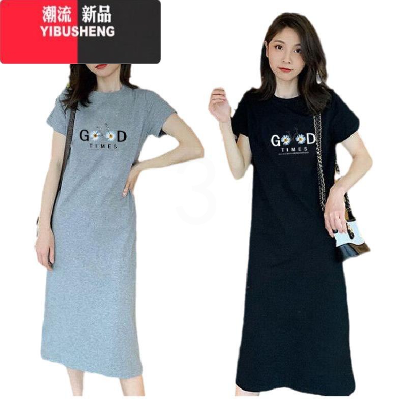 YIBUSHENG休闲黑色连衣裙女2024季新款韩版宽松显瘦减龄中长款短袖t恤裙高清大图