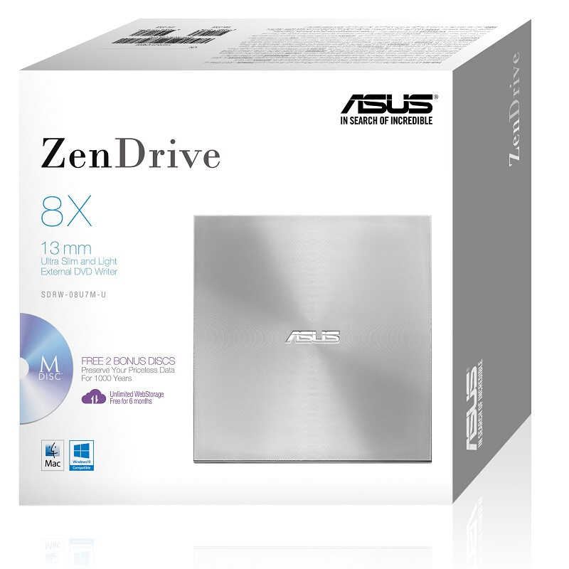 华硕(ASUS) 8倍速 USB2.0 外置DVD刻录机 移动光驱 银色(兼容苹果系统/SDRW-08U7M-U)
